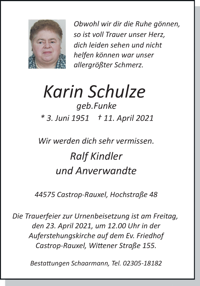  Traueranzeige für Karin Schulze vom 17.04.2021 aus WVW Anzeigenblätter