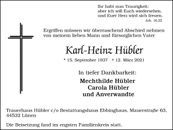 Traueranzeige von Kark-Heinz Hübler von WVW Anzeigenblätter