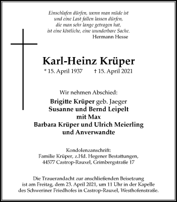 Traueranzeige von Karl-Heinz Krüper von WVW Anzeigenblätter