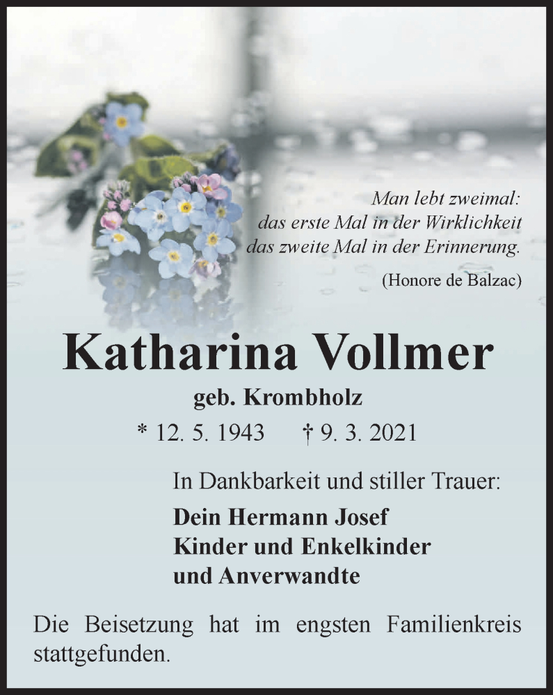  Traueranzeige für Katharina Vollmer vom 07.04.2021 aus WVW Anzeigenblätter