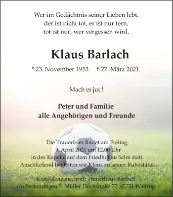 Traueranzeige von Klaus Barlach von WVW Anzeigenblätter