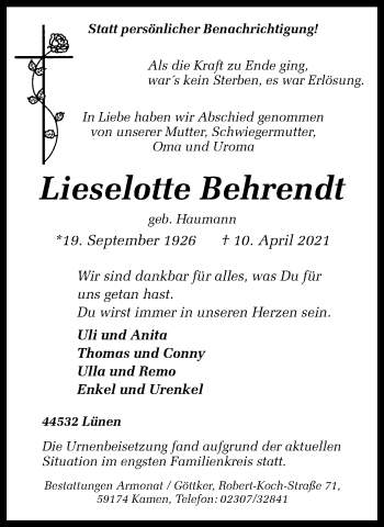 Traueranzeige von Lieselotte Behrendt von WVW Anzeigenblätter