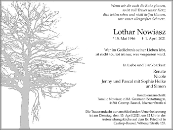 Traueranzeige von Lothar Nowiasz von WVW Anzeigenblätter