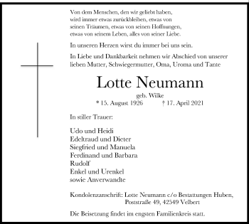 Traueranzeige von Lotte Neumann von WVW Anzeigenblätter