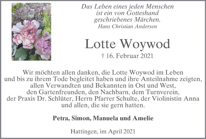  Traueranzeige für Lotte Woywod vom 03.04.2021 aus WVW Anzeigenblätter