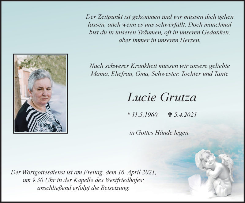  Traueranzeige für Lucie Grutza vom 10.04.2021 aus WVW Anzeigenblätter