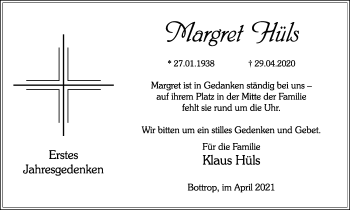 Traueranzeige von Margret Hüls von WVW Anzeigenblätter