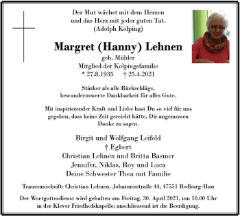 Traueranzeige von Margret Lehnen von WVW Anzeigenblätter