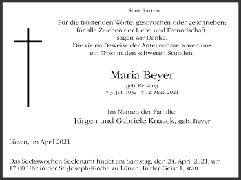 Traueranzeige von Maria Beyer von WVW Anzeigenblätter