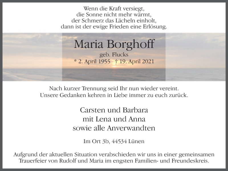  Traueranzeige für Maria Borghoff vom 21.04.2021 aus WVW Anzeigenblätter