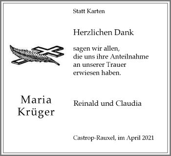 Traueranzeige von Maria Krüger von WVW Anzeigenblätter
