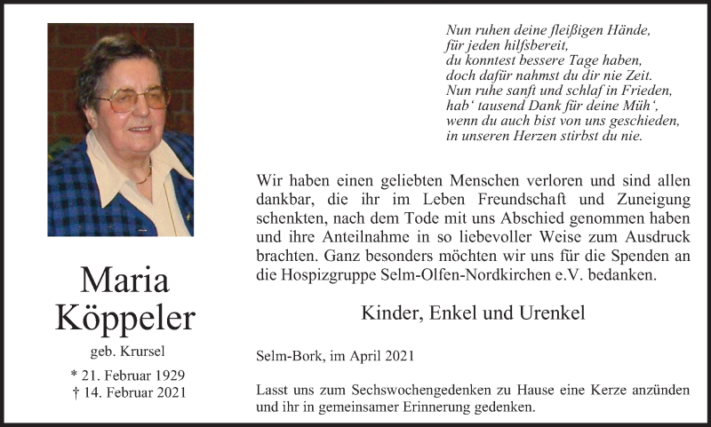  Traueranzeige für Maria Köppeler vom 03.04.2021 aus WVW Anzeigenblätter