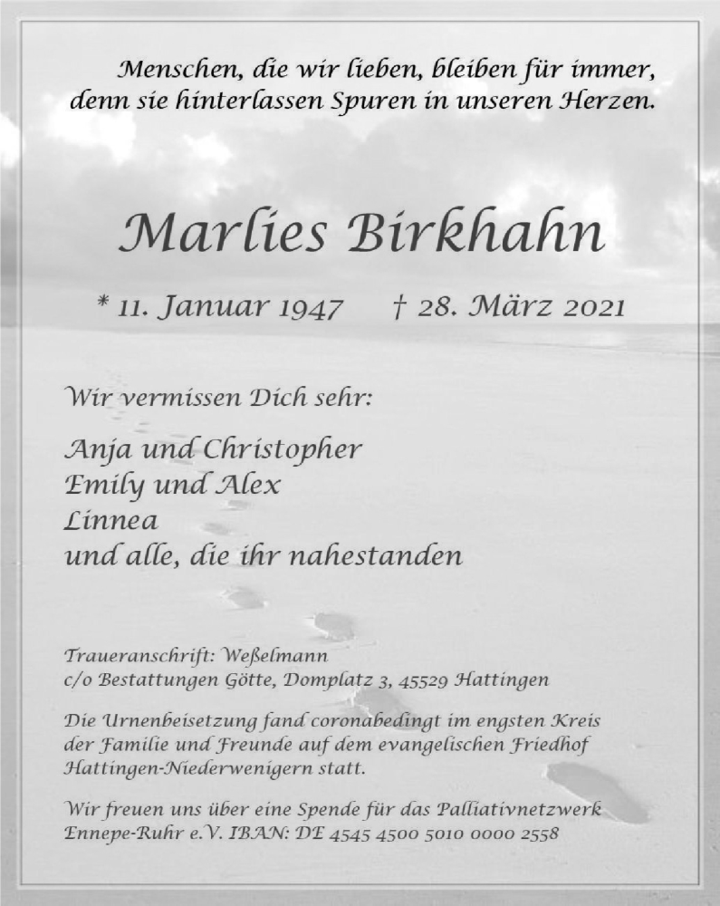  Traueranzeige für Marlies Birkenhahn vom 17.04.2021 aus WVW Anzeigenblätter