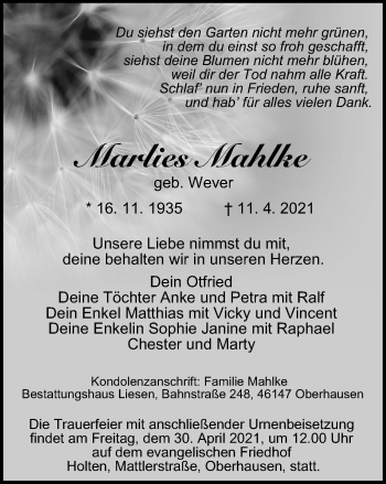 Traueranzeige von Marlies Mahlke von WVW Anzeigenblätter