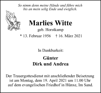 Traueranzeige von Marlies Witte von WVW Anzeigenblätter