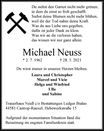 Traueranzeige von Michael Neuss von WVW Anzeigenblätter