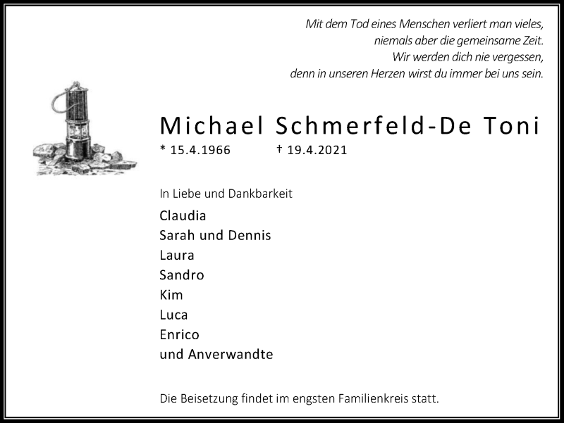  Traueranzeige für Michael Schmerfeld-De Toni vom 24.04.2021 aus WVW Anzeigenblätter