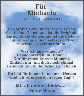 Traueranzeige von Michaela  von WVW Anzeigenblätter