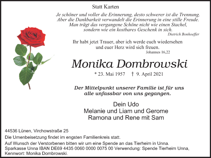  Traueranzeige für Monika Dombrowski vom 17.04.2021 aus WVW Anzeigenblätter
