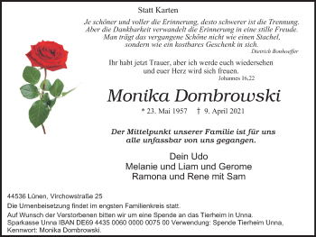 Traueranzeige von Monika Dombrowski von WVW Anzeigenblätter