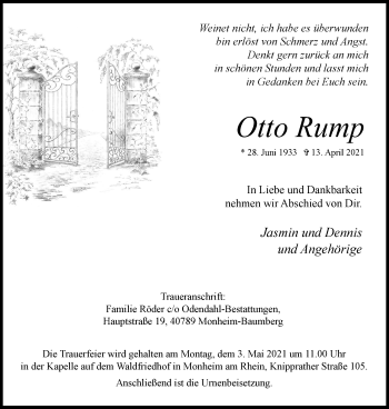 Traueranzeige von Otto Rump von WVW Anzeigenblätter