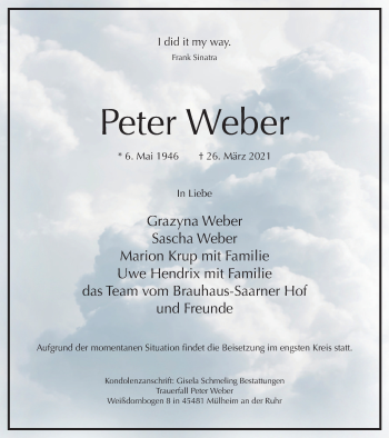 Traueranzeige von Peter Weber von WVW Anzeigenblätter