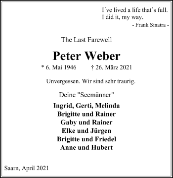 Traueranzeige von Peter Weber von WVW Anzeigenblätter