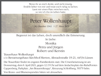 Traueranzeige von Peter Wollenhaupt von WVW Anzeigenblätter