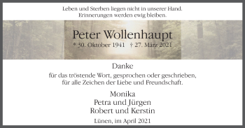 Traueranzeige von Peter Wollenhaupt von WVW Anzeigenblätter