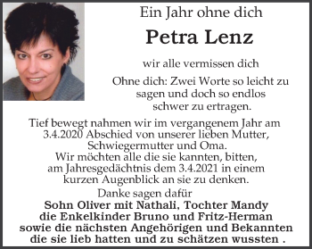 Traueranzeige von Petra Lenz von WVW Anzeigenblätter