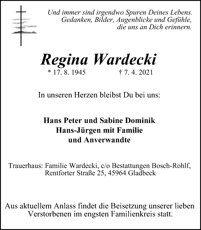  Traueranzeige für Regina Wardecki vom 14.04.2021 aus WVW Anzeigenblätter