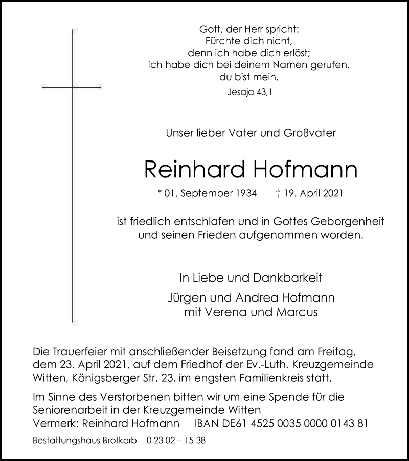  Traueranzeige für Reinhard Hofmann Hofmann vom 24.04.2021 aus WVW Anzeigenblätter