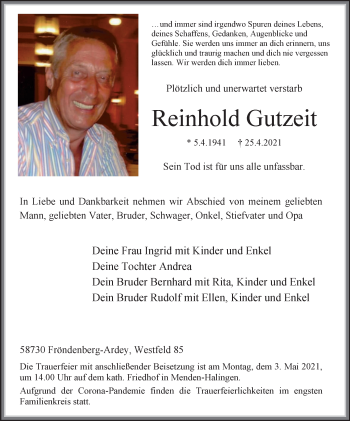 Traueranzeige von Reinhold Gutzeit von WVW Anzeigenblätter