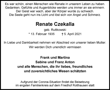 Traueranzeige von Renate Czekalla von WVW Anzeigenblätter