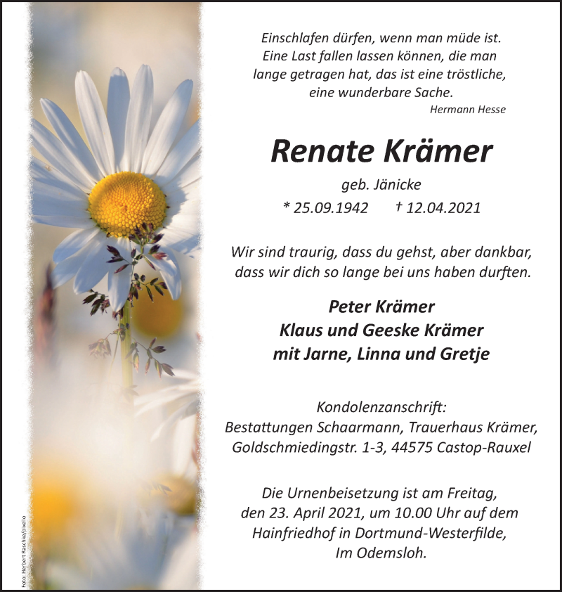  Traueranzeige für Renate Krämer vom 17.04.2021 aus WVW Anzeigenblätter