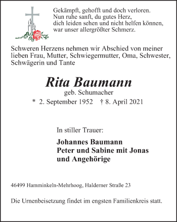 Traueranzeige von Rita Baumann von WVW Anzeigenblätter