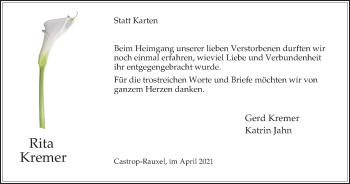 Traueranzeige von Rita Kremer von WVW Anzeigenblätter