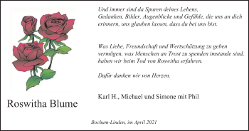 Traueranzeige von Roswitha Blume von WVW Anzeigenblätter