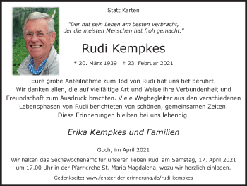 Traueranzeige von Rudi Kempkes von WVW Anzeigenblätter