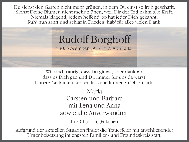  Traueranzeige für Rudolf Borghoff vom 14.04.2021 aus WVW Anzeigenblätter