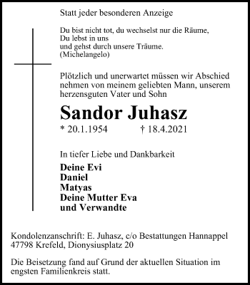 Traueranzeige von Sandor Juhasz von WVW Anzeigenblätter