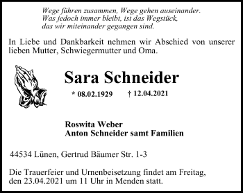 Traueranzeige von Sara Schneider von WVW Anzeigenblätter