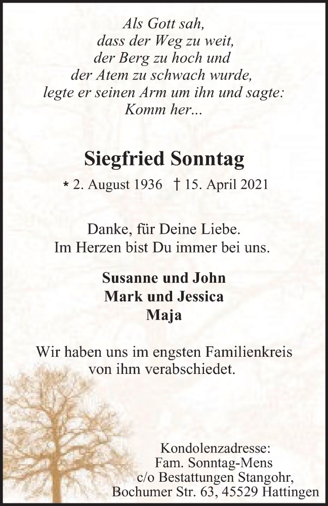  Traueranzeige für Siegfried Sonntag vom 29.04.2021 aus WVW Anzeigenblätter