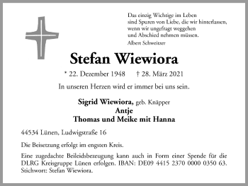 Traueranzeige von Stefan Wiewiora von WVW Anzeigenblätter