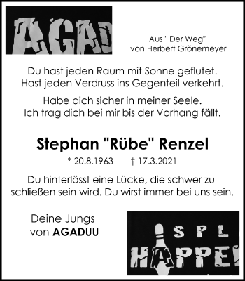 Traueranzeige von Stephan Renzel von WVW Anzeigenblätter