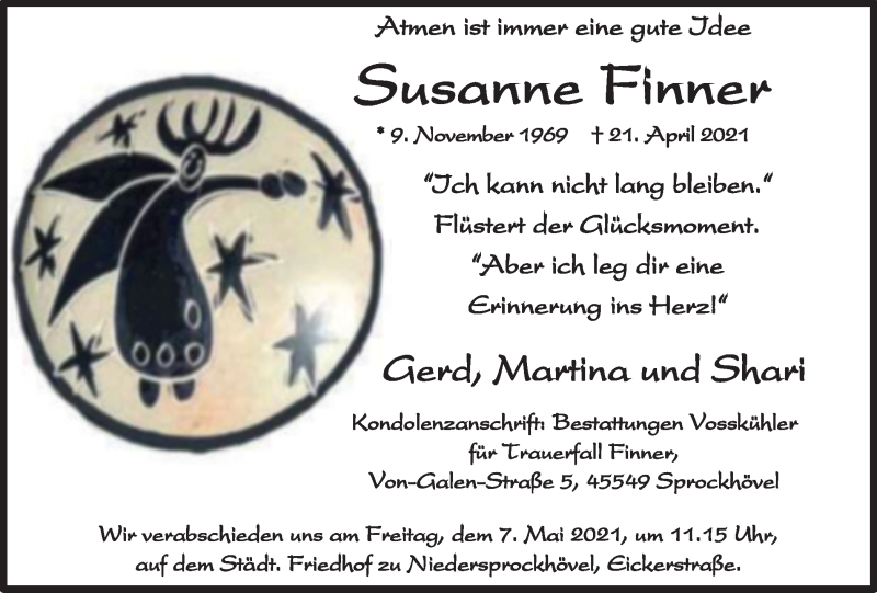  Traueranzeige für Susanne Finner vom 29.04.2021 aus WVW Anzeigenblätter