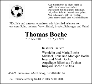 Traueranzeige von Thomas Boche von WVW Anzeigenblätter