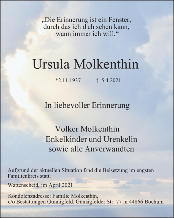 Traueranzeige von Ursula Molkenthin von WVW Anzeigenblätter