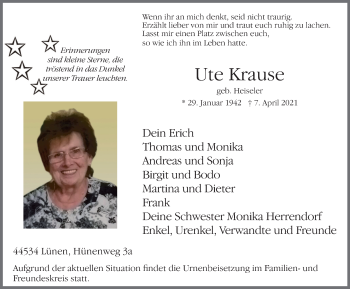 Traueranzeige von Ute Krause von WVW Anzeigenblätter