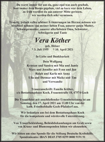 Traueranzeige von Vera Köther von WVW Anzeigenblätter